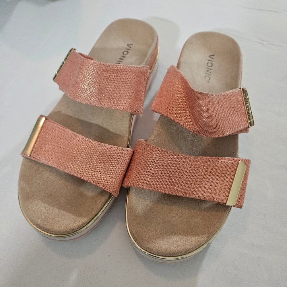 Vionic Brandie Shimmer Peach Linen Platform Double Strap~9.5~LNC